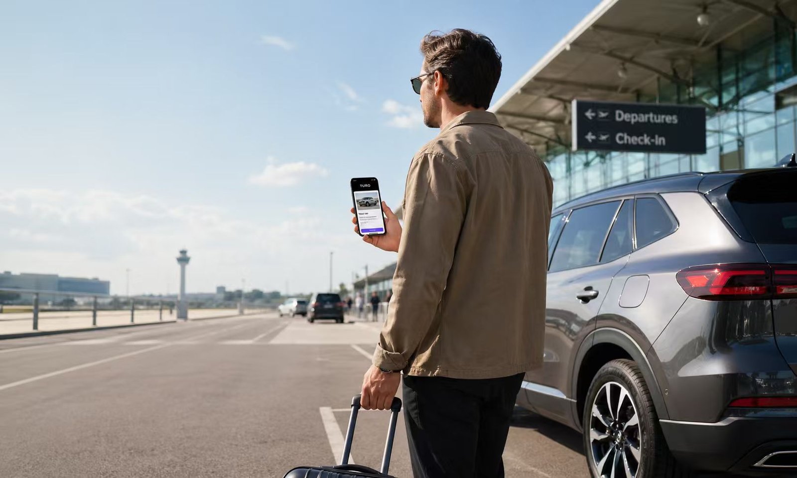 Clean SUV prepared for airport pickup with luggage beside the vehicle
