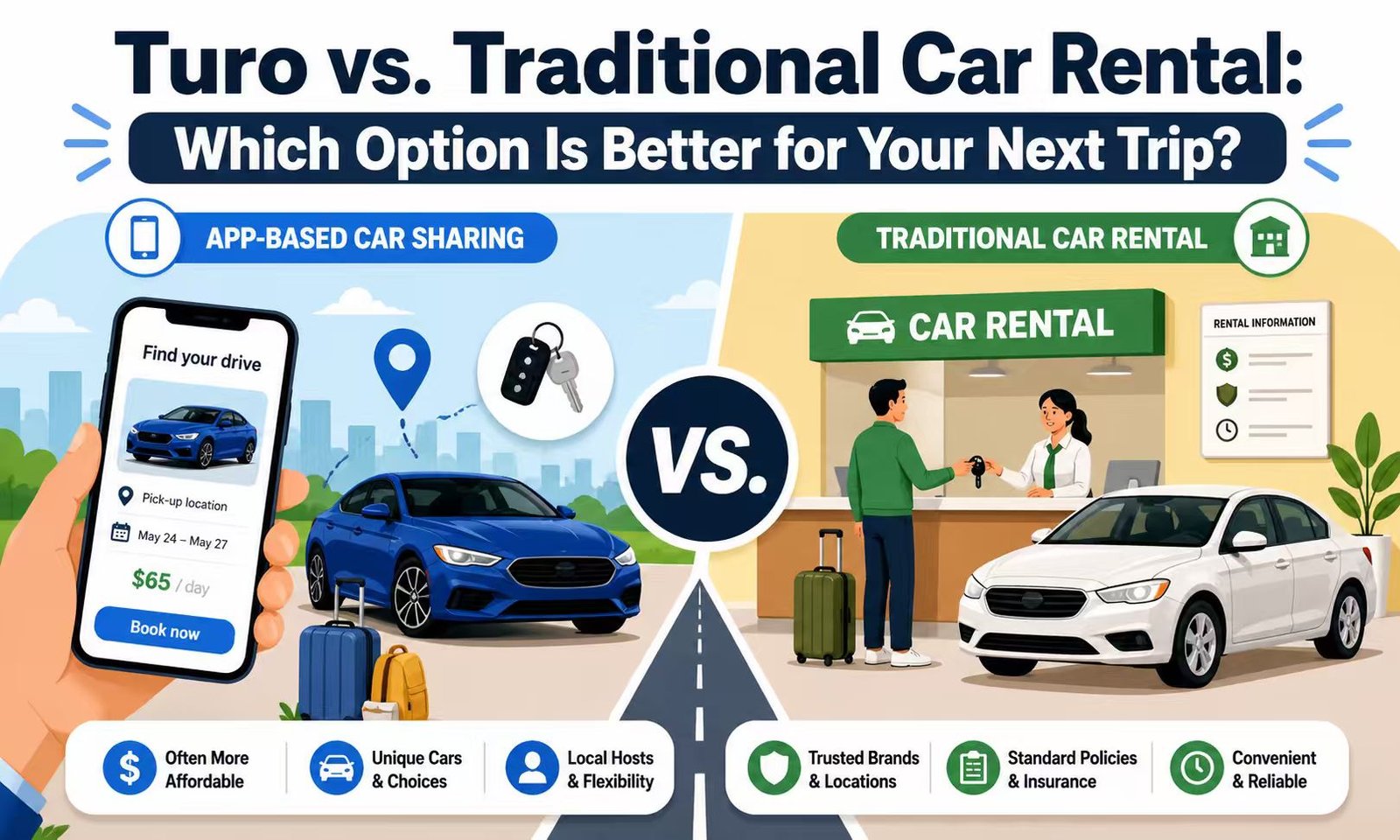 Traveler picking up a rental car with luggage near an airport